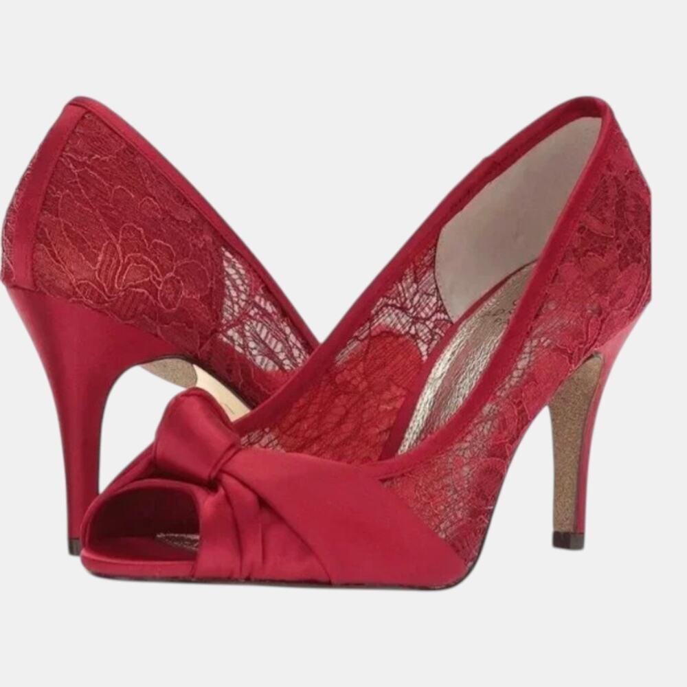New! Adrianna Papell Franchesca Red Satin Lace Open Toe Pump Formal Wm’s 9.5